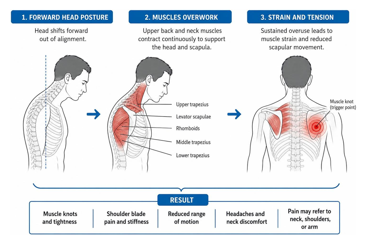 Diagram illustrating how forward head posture puts strain on the shoulder blade muscles