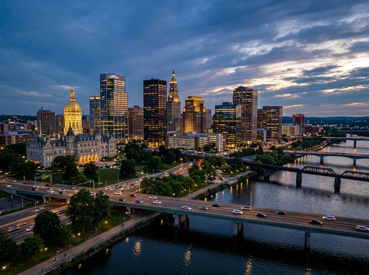 Hartford business district skyline representing the commercial hub of Connecticut - credit card processing Connecticut Hartford business district skyline representing the commercial hub of Connecticut - credit card processing Connecticut