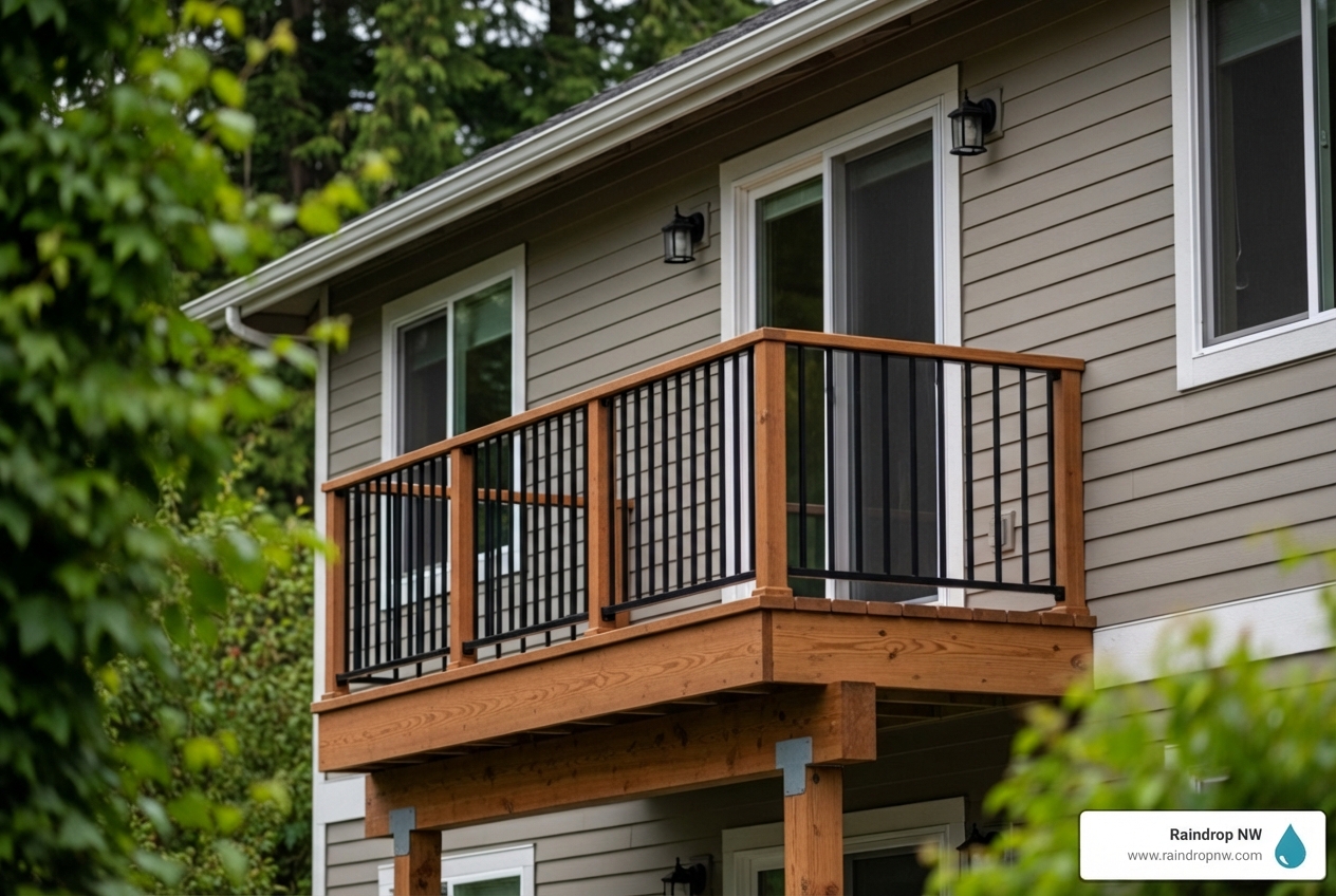 Infographic showing three key benefits of professional balcony construction: 70-80% return on investment with increased home value, 20-30+ years of durability with proper materials and installation, and protection from Pacific Northwest weather with expert waterproofing - balconies contractors in hillsboro, or