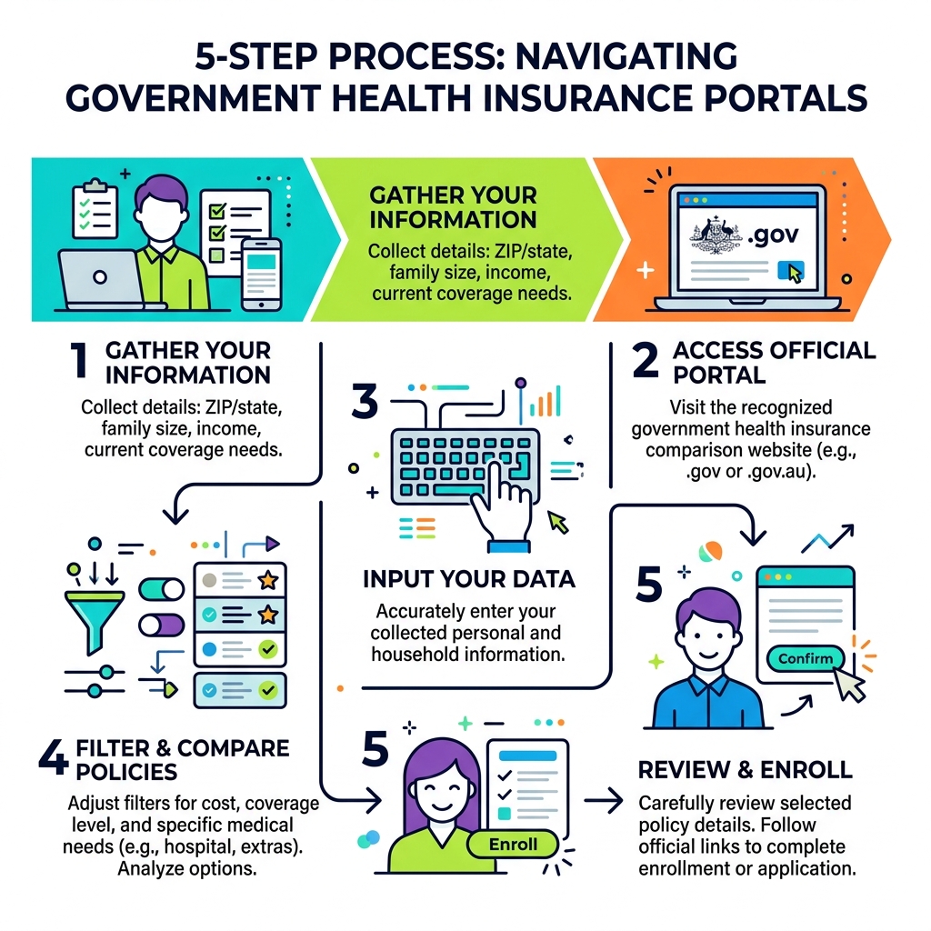 5-step process infographic for using government health insurance comparison portals - compare private health insurance gov 5-step process infographic for using government health insurance comparison portals - compare private health insurance gov