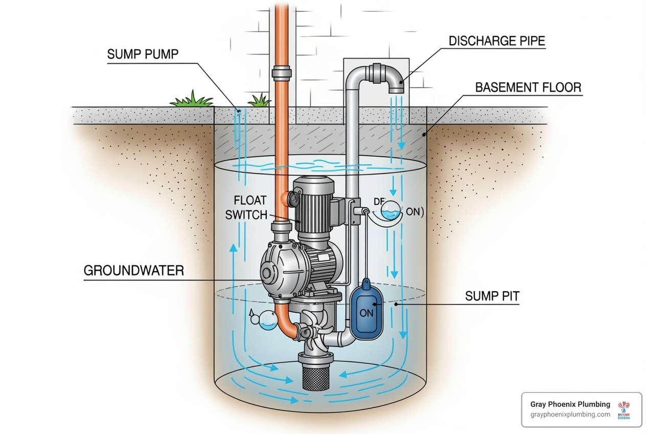diagram showing a sump pump in a pit with the float switch and discharge pipe - Sump pump repair Littleton diagram showing a sump pump in a pit with the float switch and discharge pipe - Sump pump repair Littleton