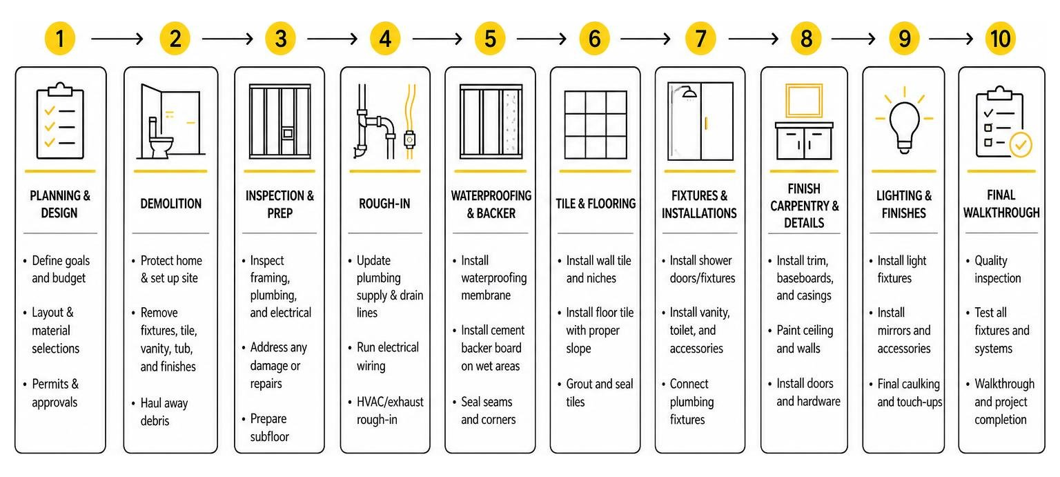 Step-by-step sequence of a full gut bathroom remodel from demolition to final walkthrough Step-by-step sequence of a full gut bathroom remodel from demolition to final walkthrough