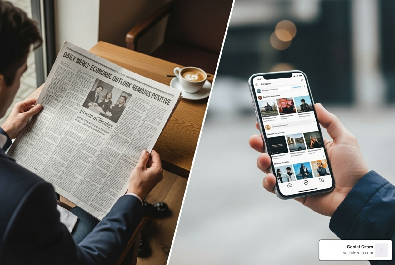 split screen showing a newspaper vs. a social media feed - digital PR NYC split screen showing a newspaper vs. a social media feed - digital PR NYC