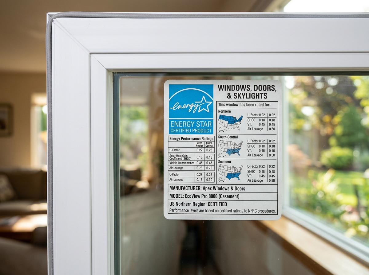 A close-up of an ENERGY STAR label on a high-performance vinyl window pane - average energy savings with new windows