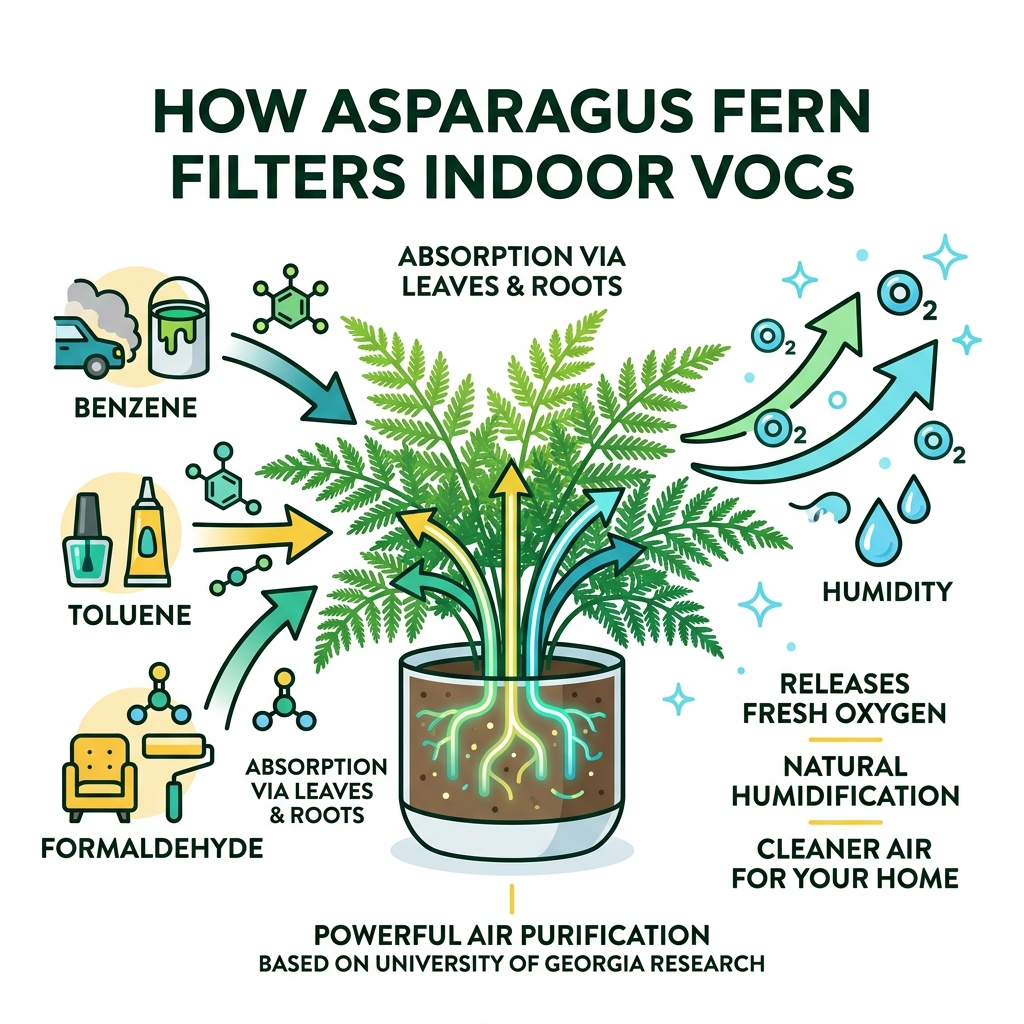 Infographic showing how asparagus fern filters indoor VOCs like benzene, toluene, and formaldehyde from household air