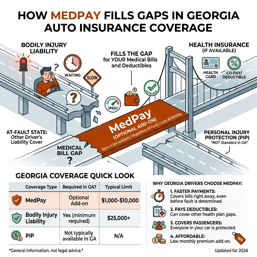 Infographic showing how MedPay fills gaps in Georgia auto insurance coverage with basketball-themed icons - auto insurance