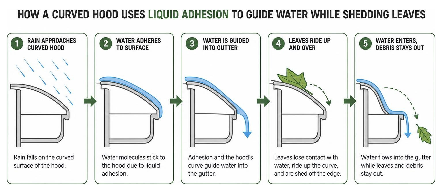 Diagram showing how a K-Guard curved hood uses liquid adhesion to guide water while shedding leaves Diagram showing how a K-Guard curved hood uses liquid adhesion to guide water while shedding leaves