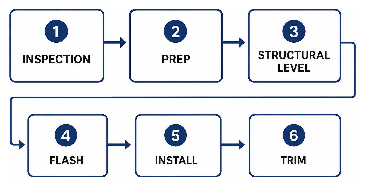 Patio door replacement workflow: inspection, prep, structural level, flash, install, trim Patio door replacement workflow: inspection, prep, structural level, flash, install, trim