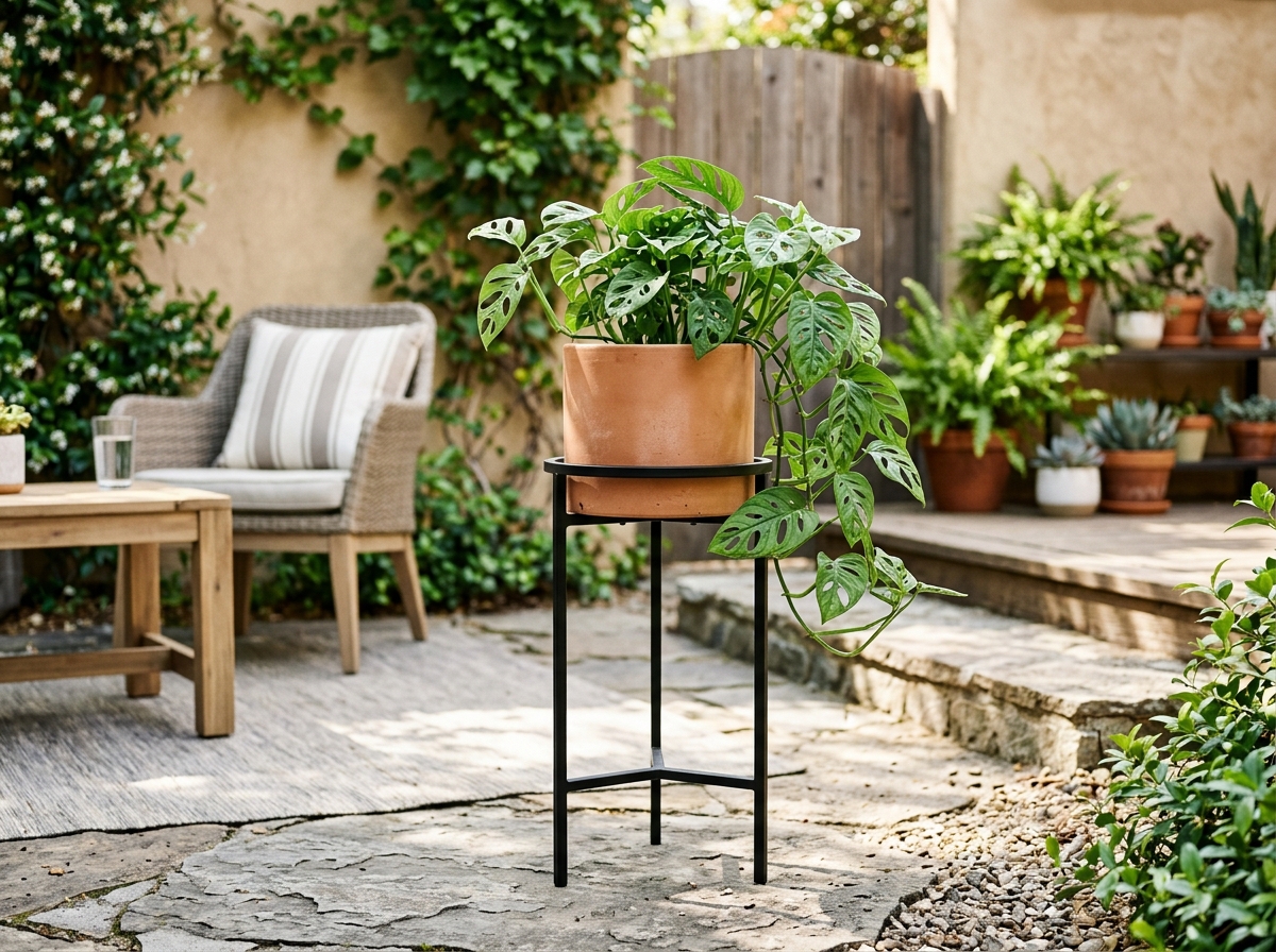 minimalist metal plant stand holding a sleek terracotta pot - decorative outdoor plant stands