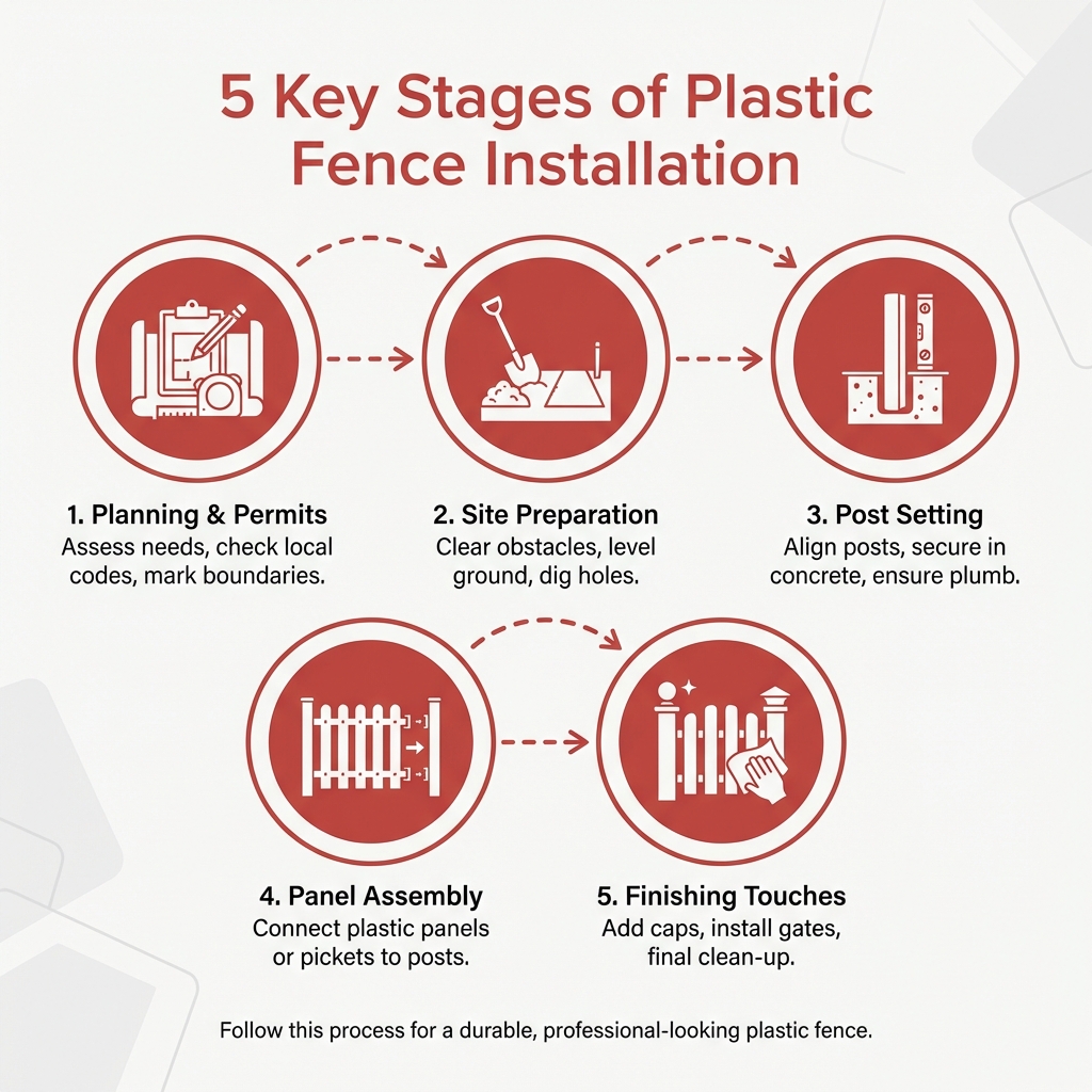 Infographic explaining the 5 key stages of fence installation: Planning, Preparation, Post Installation, Panel Assembly, Finishing Touches - plastic fence installation infographic 