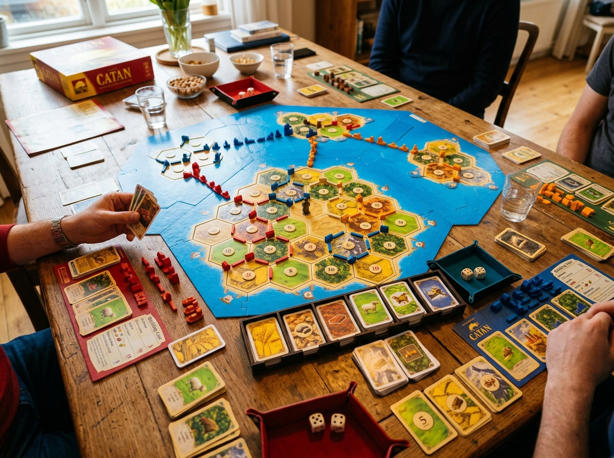 A complex Catan board setup featuring multiple islands and ships - best catan expansions compared