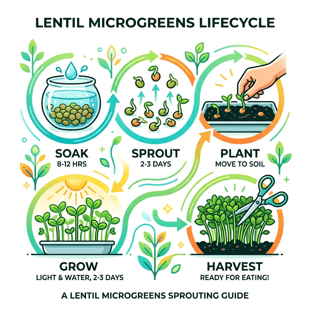 Lifecycle from lentil seed to microgreen: soak, sprout, plant, grow, harvest - lentil microgreens sprouting guide