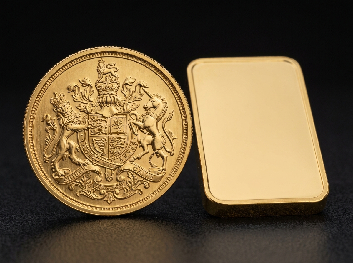 Comparison of a 50 gram gold coin and a 50 gram gold bar highlighting design differences - 50 gram gold coin 24 carat