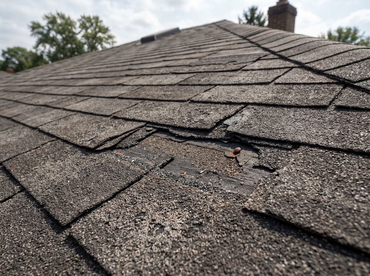 close up of missing shingles and granule loss on an aging residential roof - free estimate for roof repair close up of missing shingles and granule loss on an aging residential roof - free estimate for roof repair