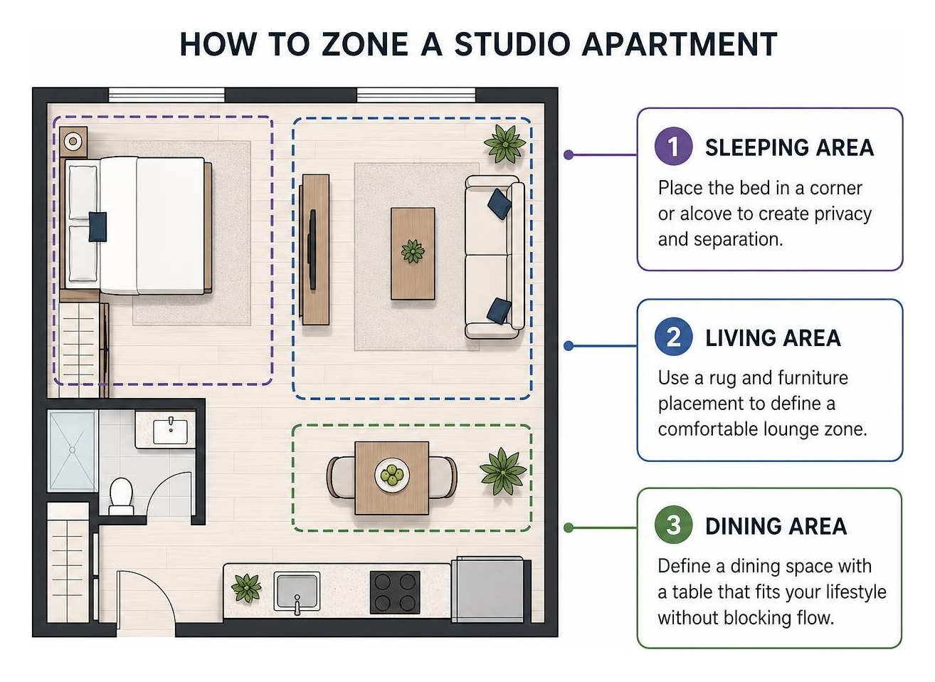Diagram showing how to zone a studio apartment into sleeping, living, and dining areas