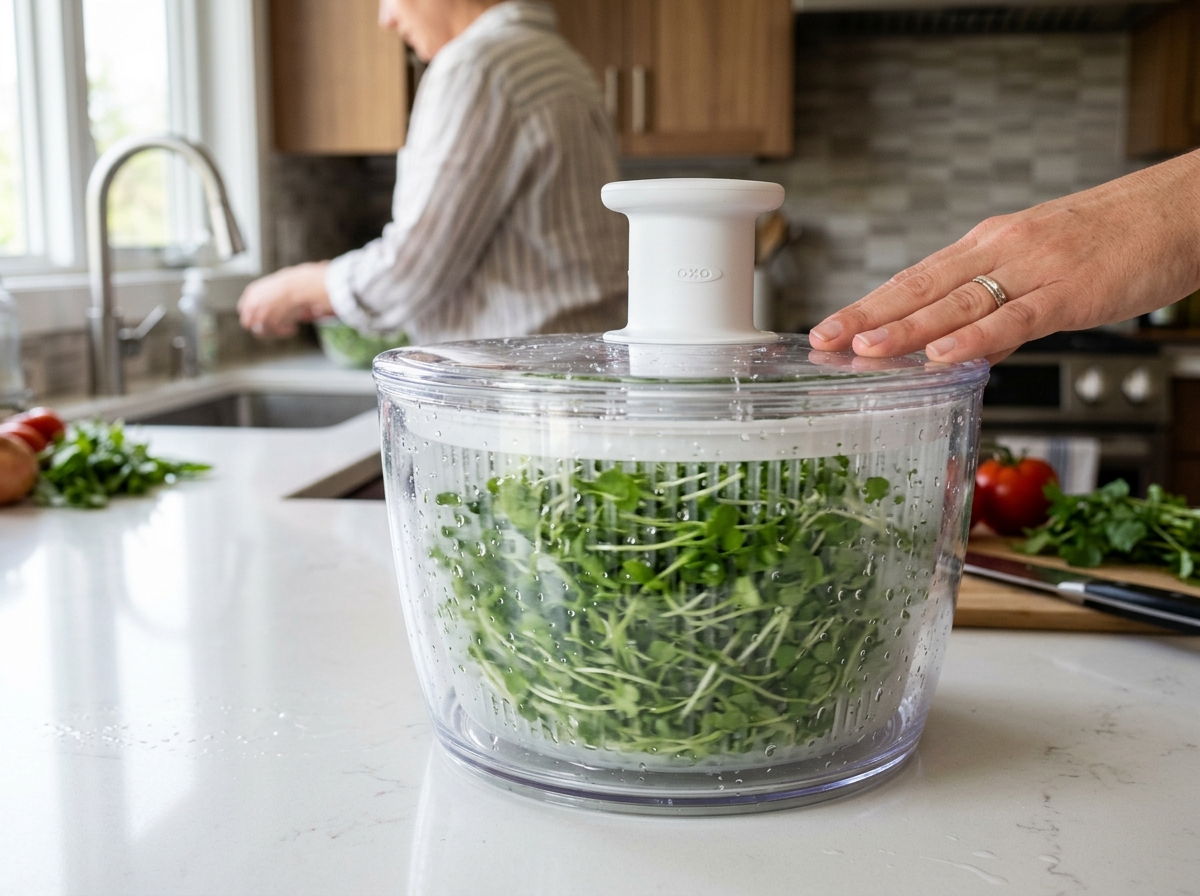 Microgreens being gently dried in a salad spinner to remove excess moisture - how to harvest microgreens