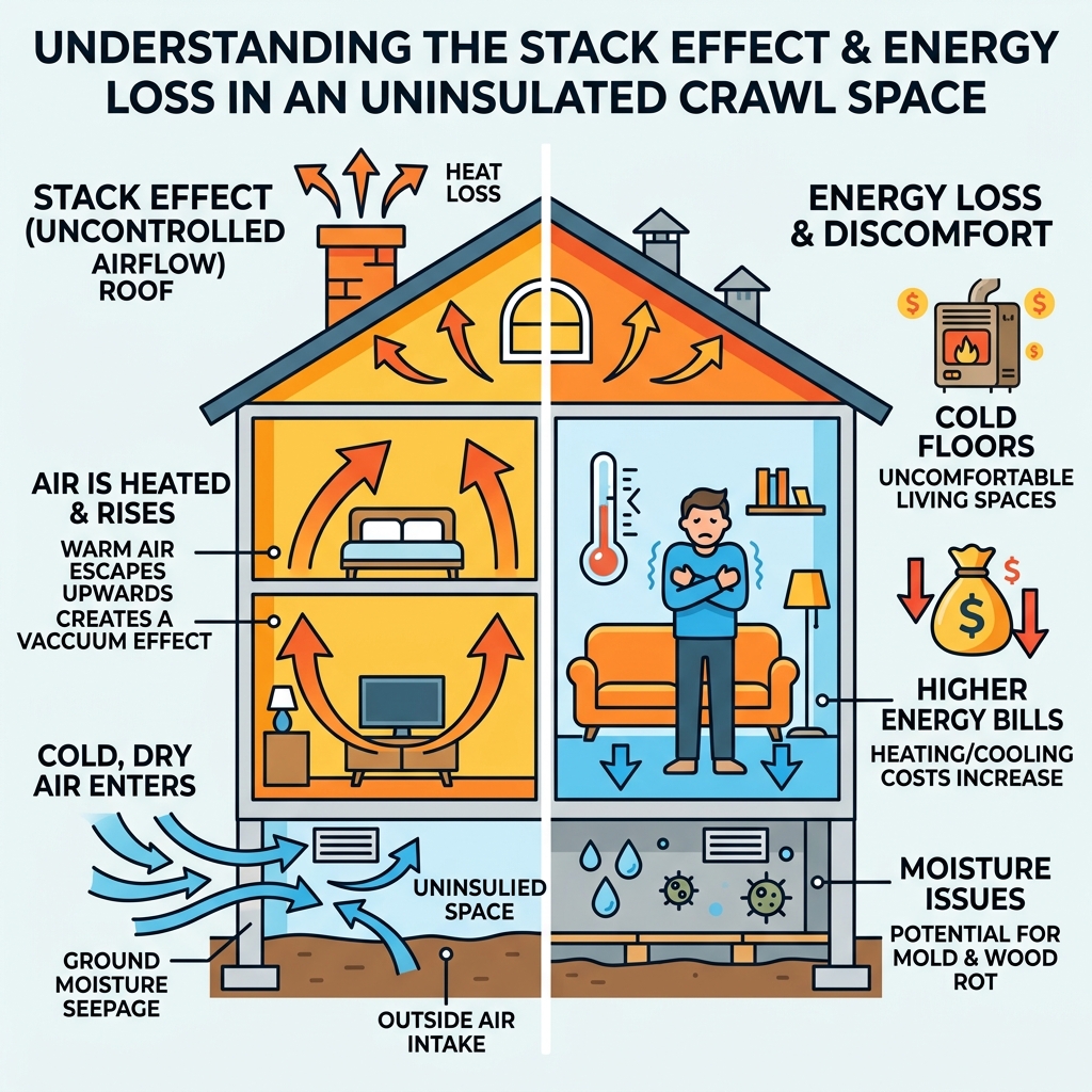 Infographic showing the stack effect and energy loss through an uninsulated crawl space - crawl space insulation best