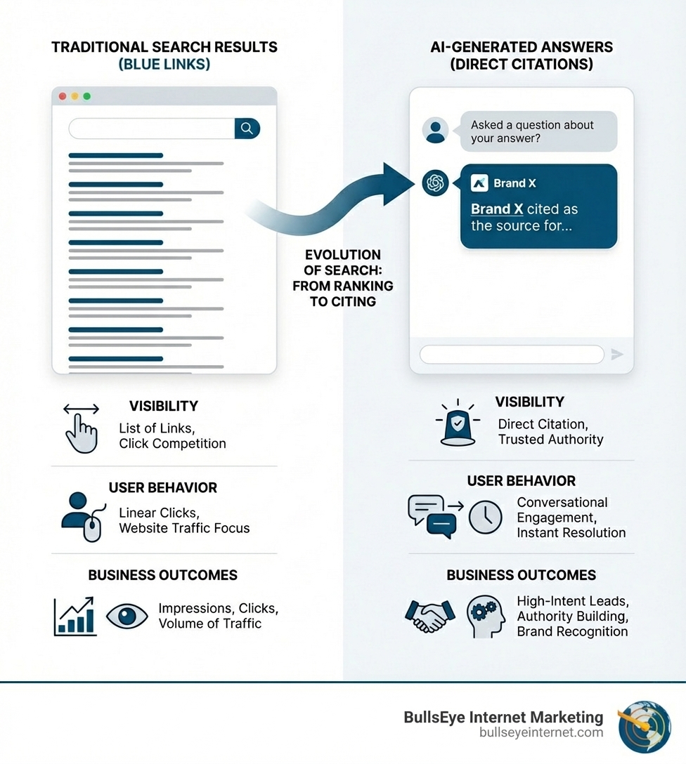 Infographic showing the evolution from traditional search results with blue links to AI-generated answers that directly cite brands, highlighting key differences in visibility, user behavior, and business outcomes - AI search marketing agency infographic Infographic showing the evolution from traditional search results with blue links to AI-generated answers that directly cite brands, highlighting key differences in visibility, user behavior, and business outcomes - AI search marketing agency infographic