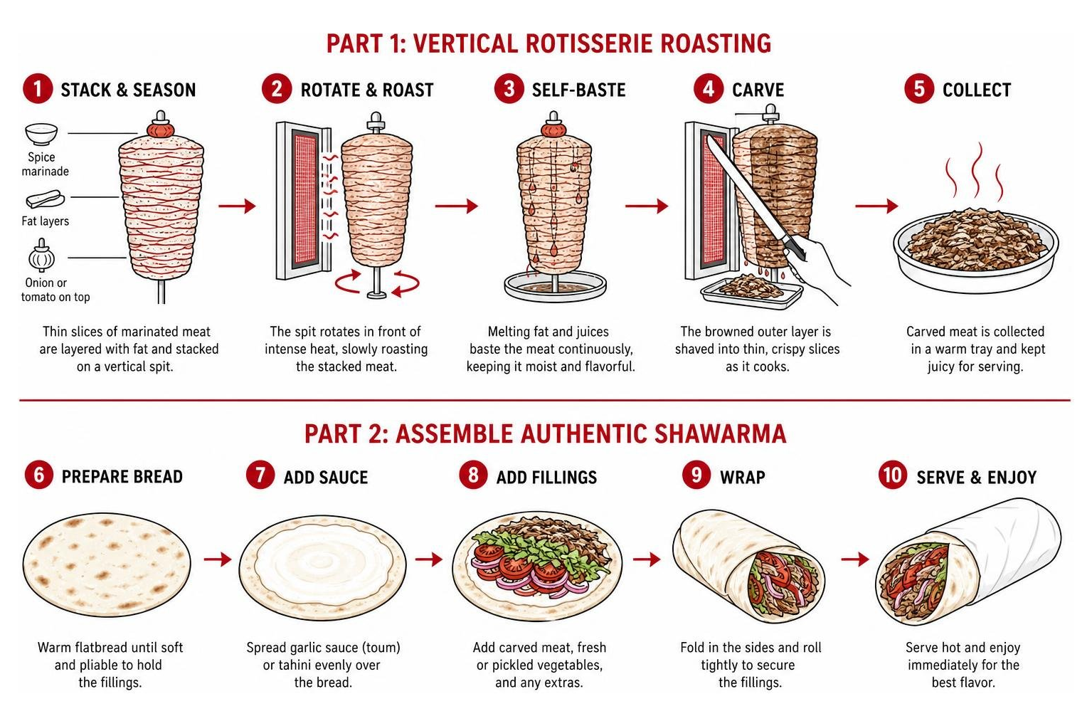 Step-by-step process of vertical rotisserie roasting and assembling authentic shawarma Step-by-step process of vertical rotisserie roasting and assembling authentic shawarma