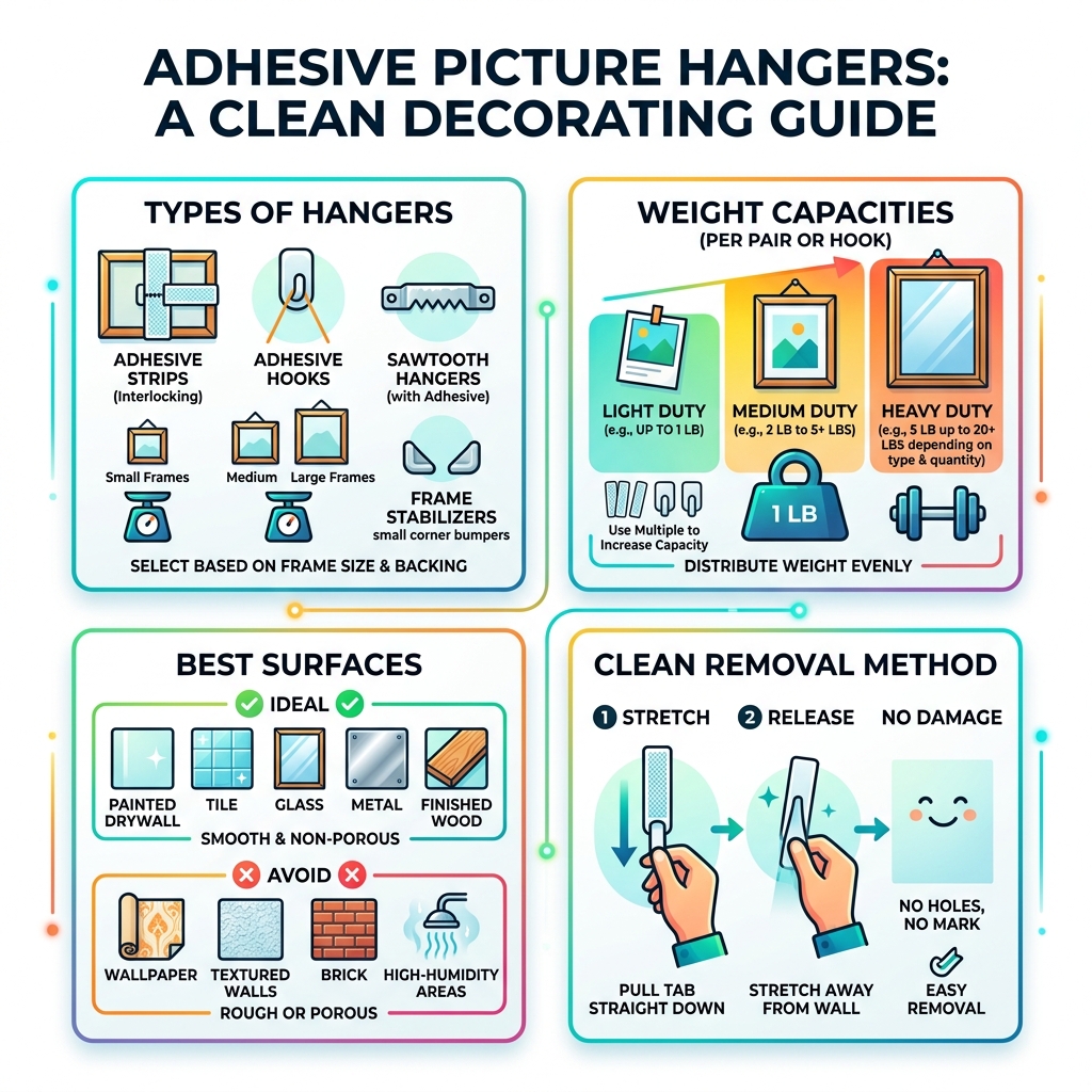 Types of adhesive picture hangers, weight capacities, best surfaces, and removal methods infographic - adhesive picture