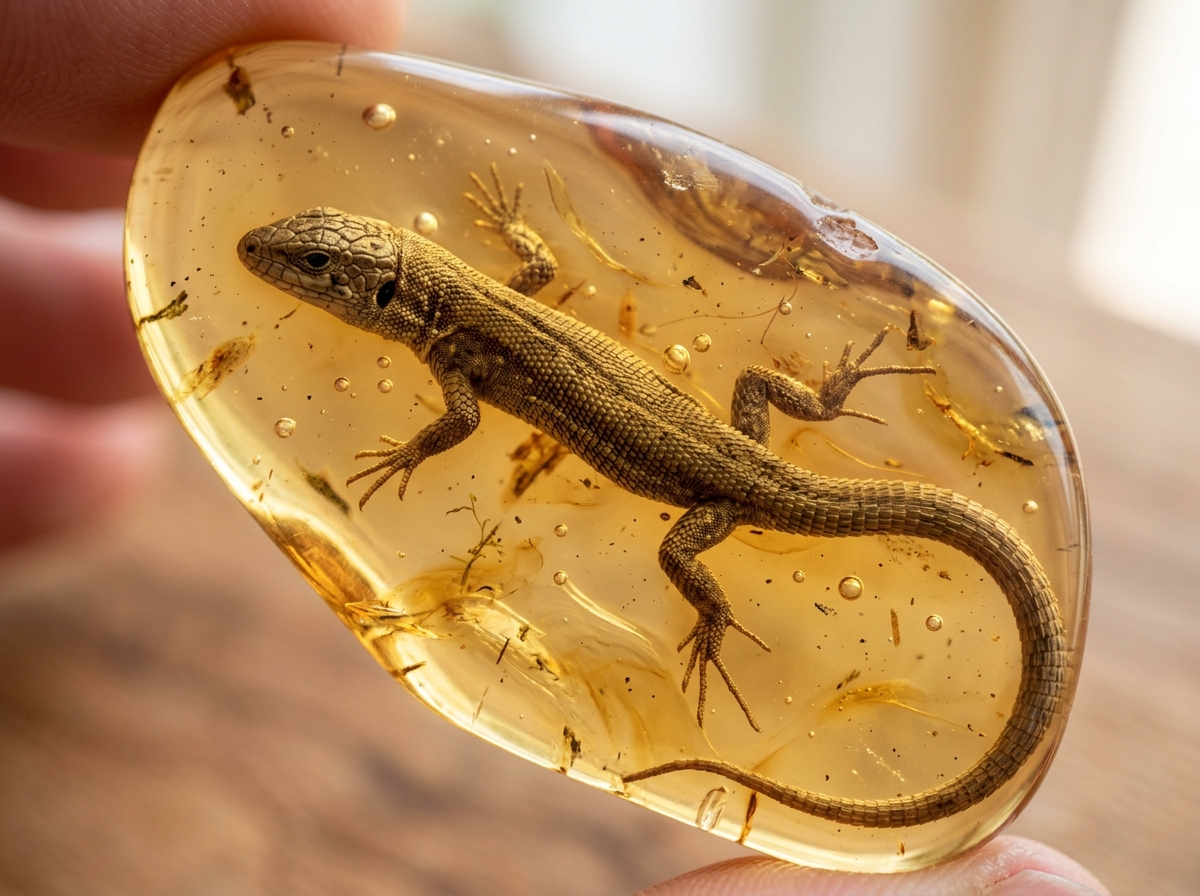 A rare lizard inclusion preserved in clear golden amber - amber inclusions