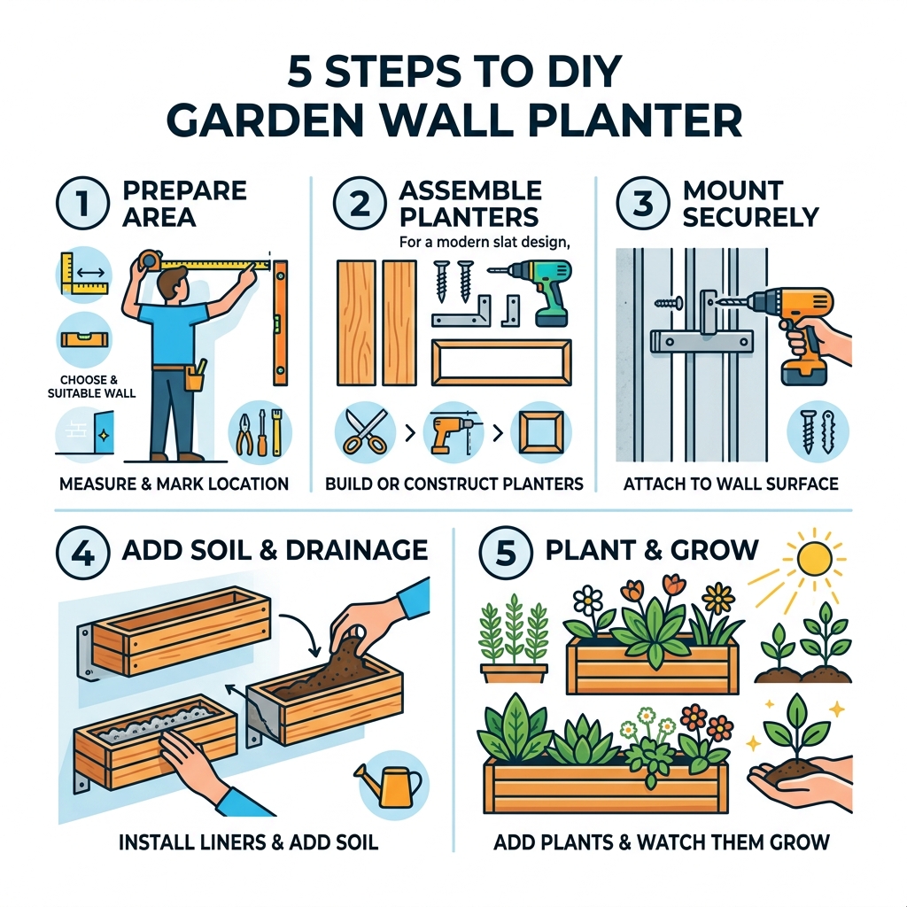 5 steps of DIY garden wall planter installation from prep to planting - diy garden wall planters infographic 