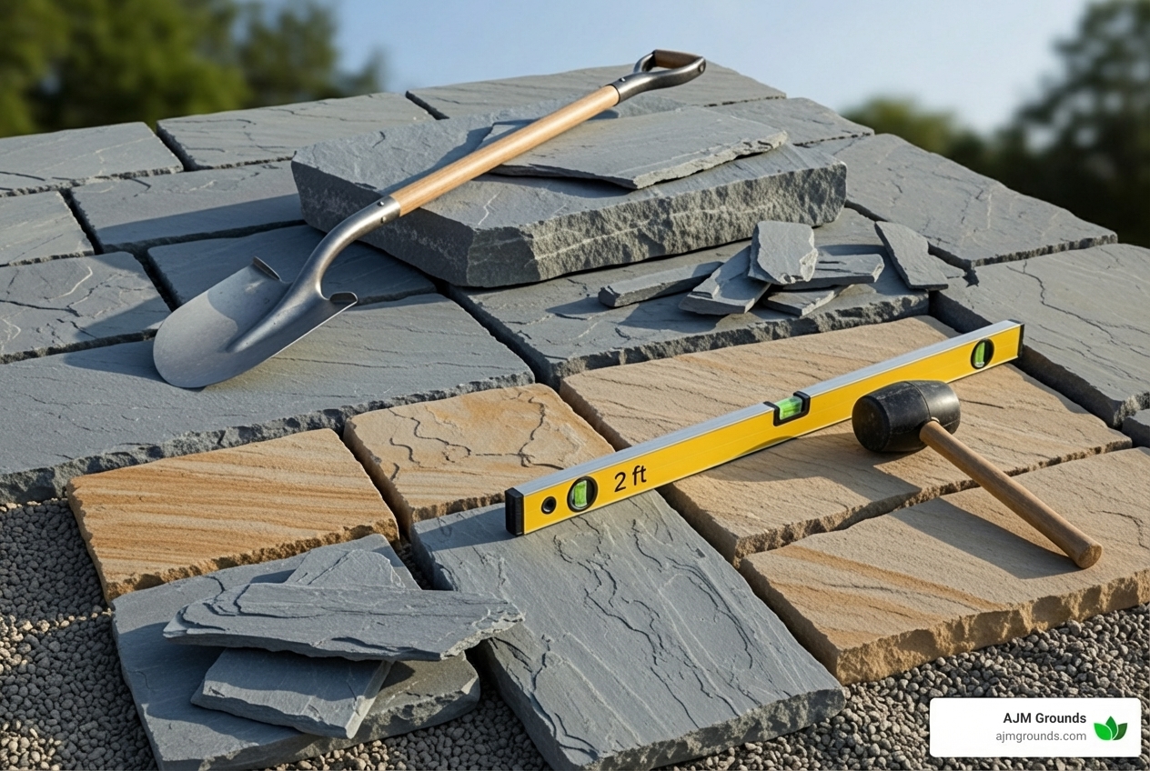 various types of flagstone (bluestone, sandstone, slate) and tools like a shovel, level, and rubber mallet - laying a flagstone walkway