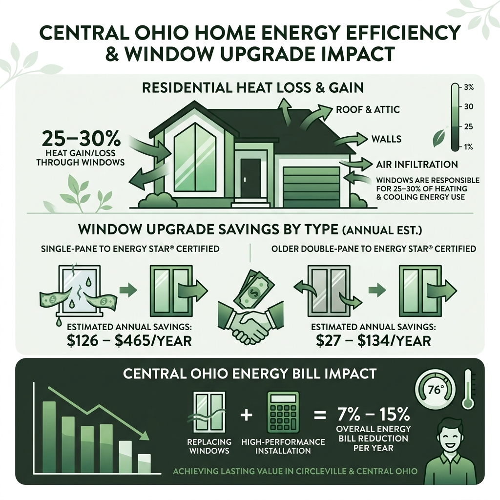 Infographic showing residential heat loss and gain percentages, window upgrade savings by type, and Central Ohio energy bill