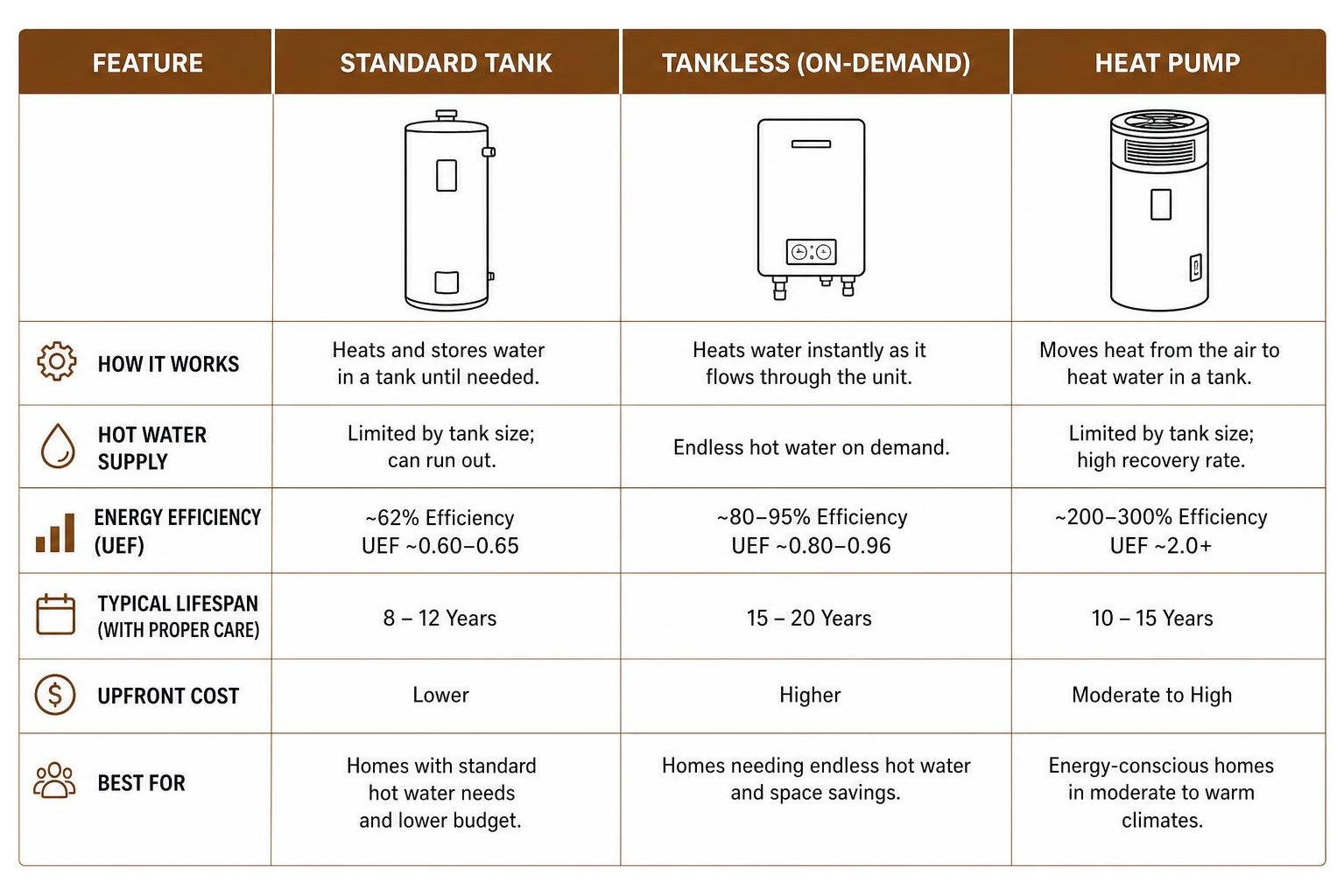 Comparison of tank vs tankless vs heat pump water heater features and efficiencies