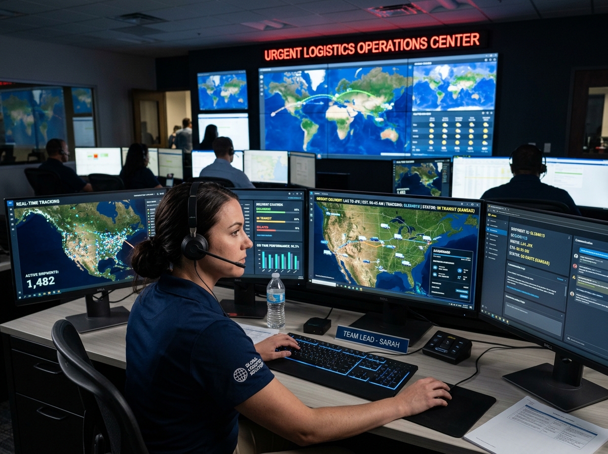 A logistics professional coordinating an urgent shipment in a command center - rapid response courier service