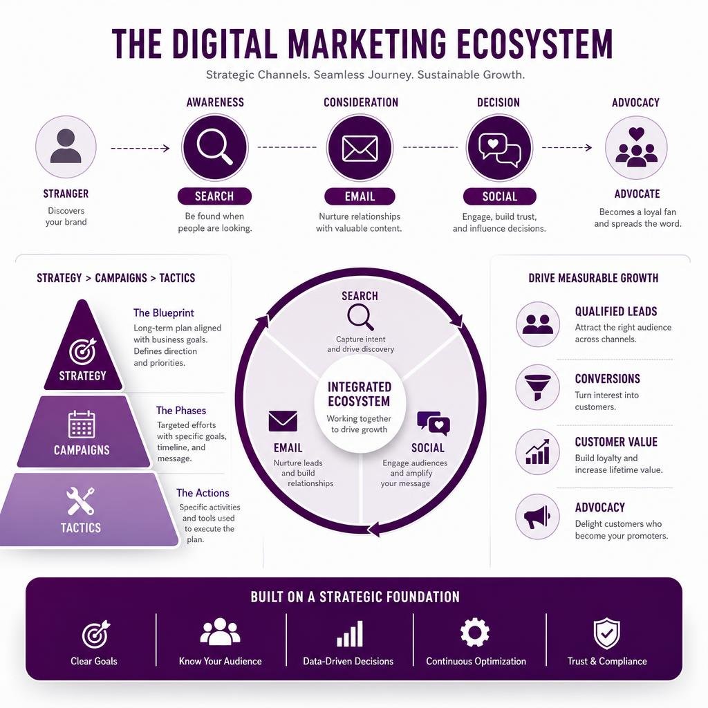 Infographic explaining the digital marketing ecosystem infographic