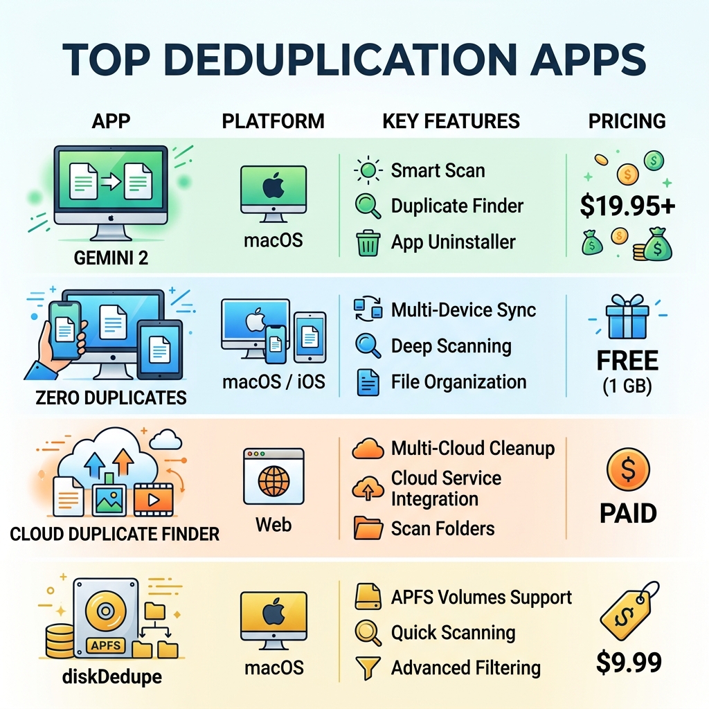 infographic showing top deduplication apps by platform with key features and pricing - best app for deduplication