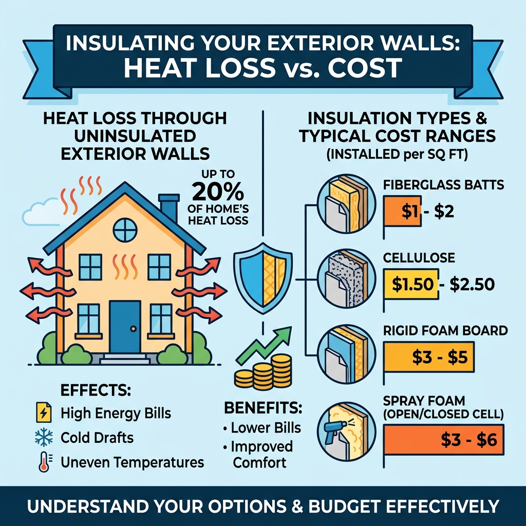 Infographic showing heat loss through uninsulated exterior walls and cost ranges by insulation type - insulating exterior