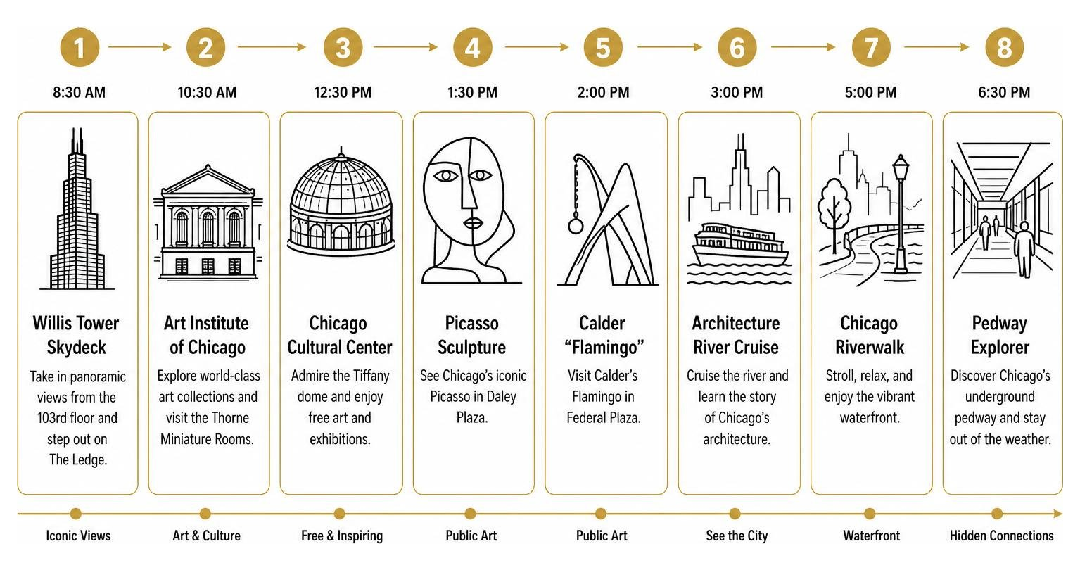 Step-by-step sequence of a perfect day in the Chicago Loop