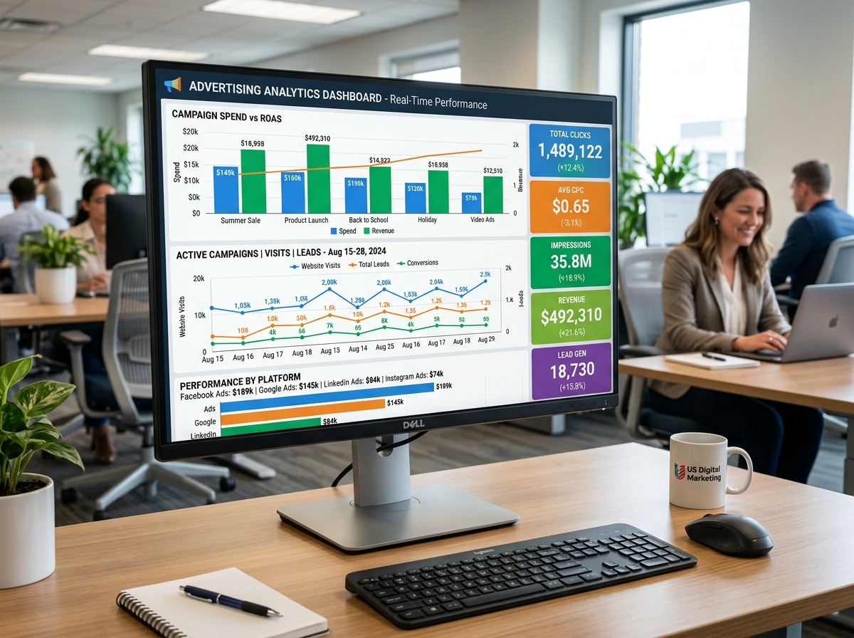 high-tech advertising dashboard showing real-time analytics - internet advertising company
