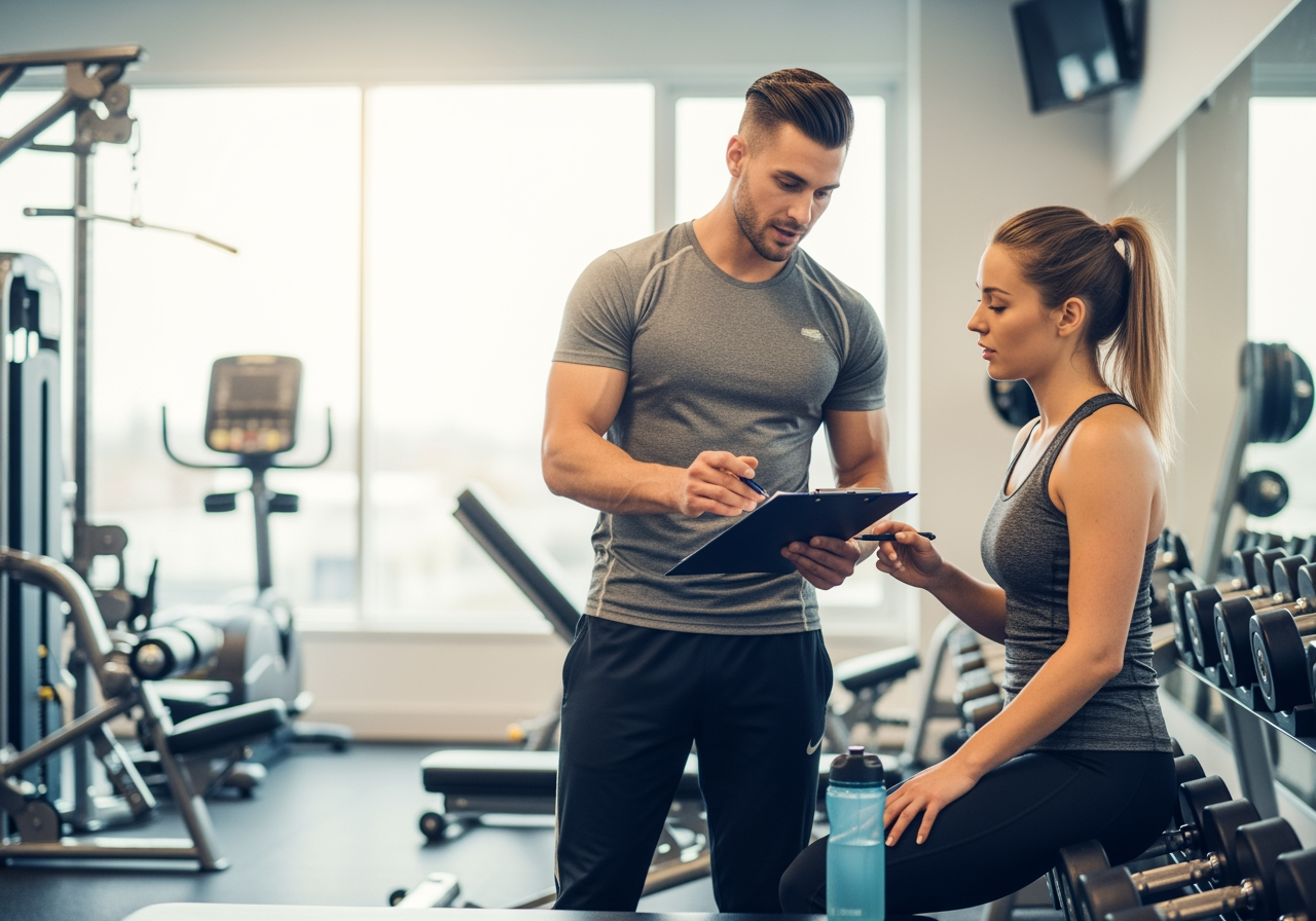 A trainer and client discussing a fitness plan with a clipboard in a gym setting - private gym instructor near me A trainer and client discussing a fitness plan with a clipboard in a gym setting - private gym instructor near me