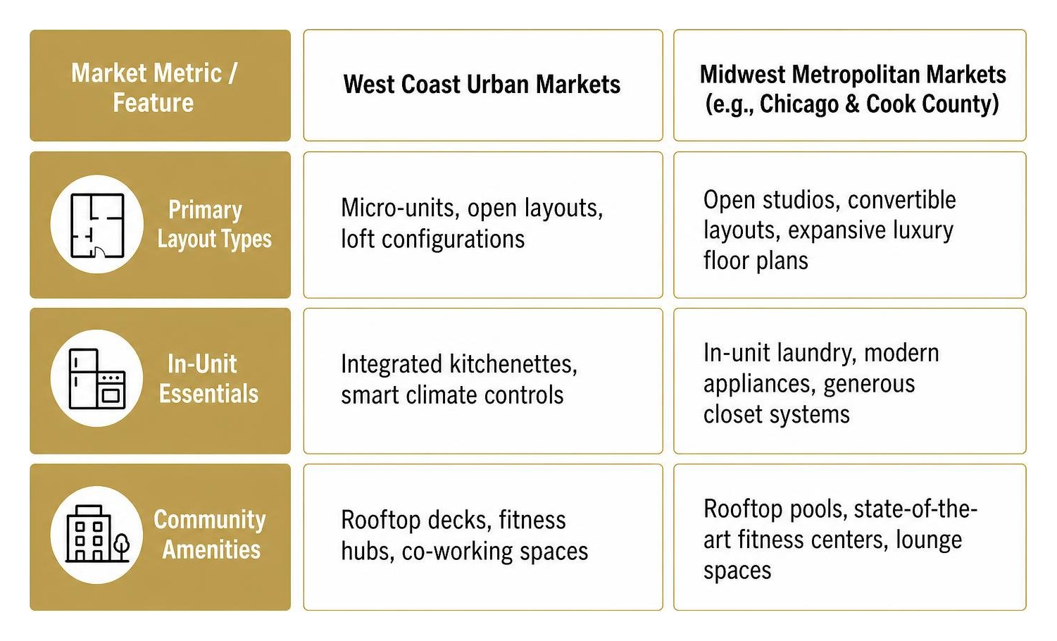 Diagram comparing urban studio inventory layout features and community amenities