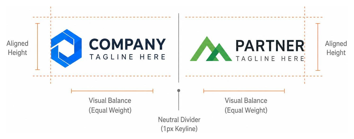 Diagram showing a balanced co-branded lockup with a vertical divider line separating two company logos Diagram showing a balanced co-branded lockup with a vertical divider line separating two company logos