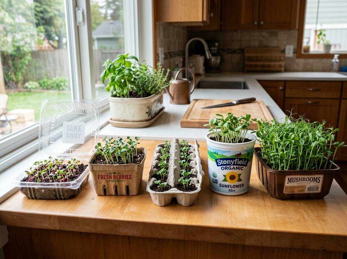 various upcycled containers like egg cartons and takeout boxes - homemade microgreen trays