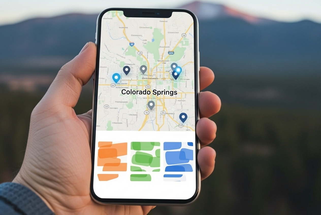 Google Local 3-Pack results on a phone for a Colorado Springs search - colorado springs search engine optimizer
