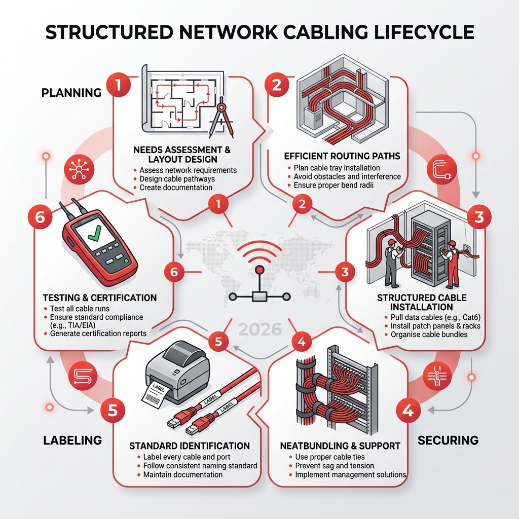 Infographic showing lifecycle of structured network cabling from planning to certification - network cable management