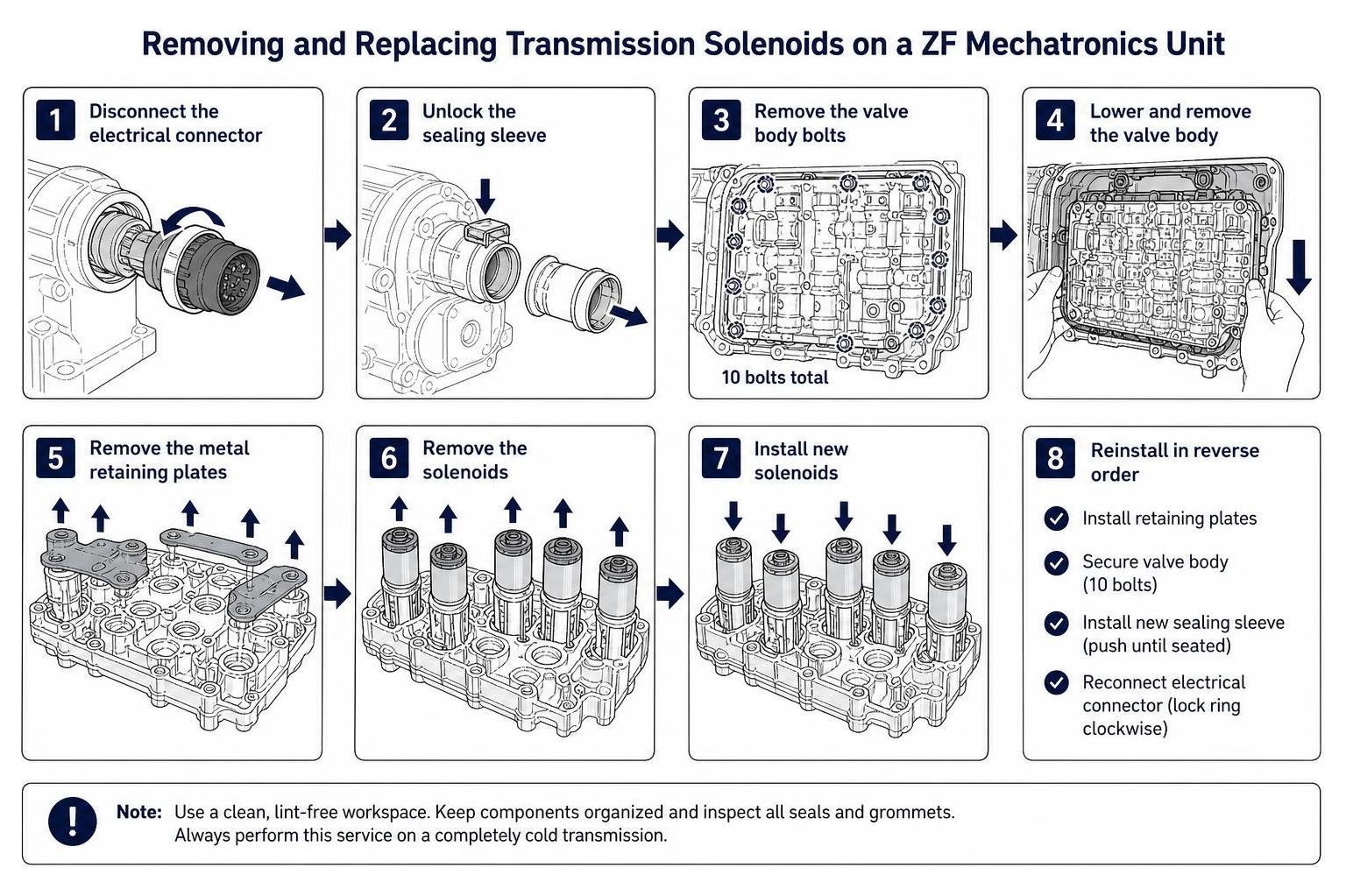Removing and replacing transmission solenoids on a ZF mechatronics unit Removing and replacing transmission solenoids on a ZF mechatronics unit