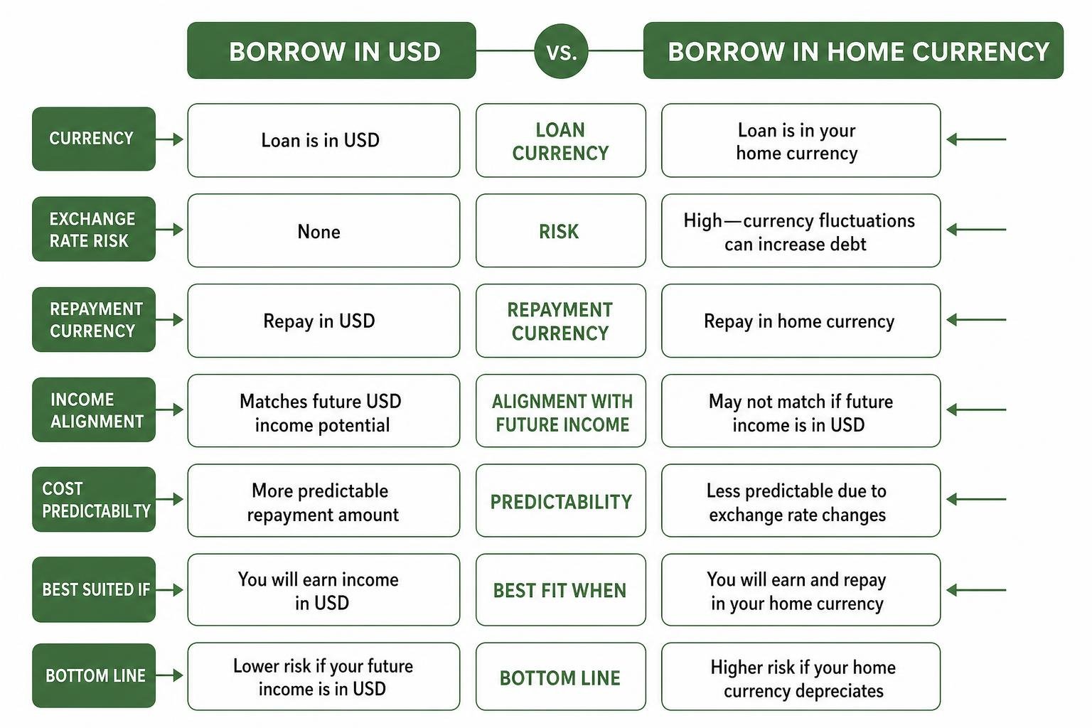 Comparison of borrowing in USD versus home currency