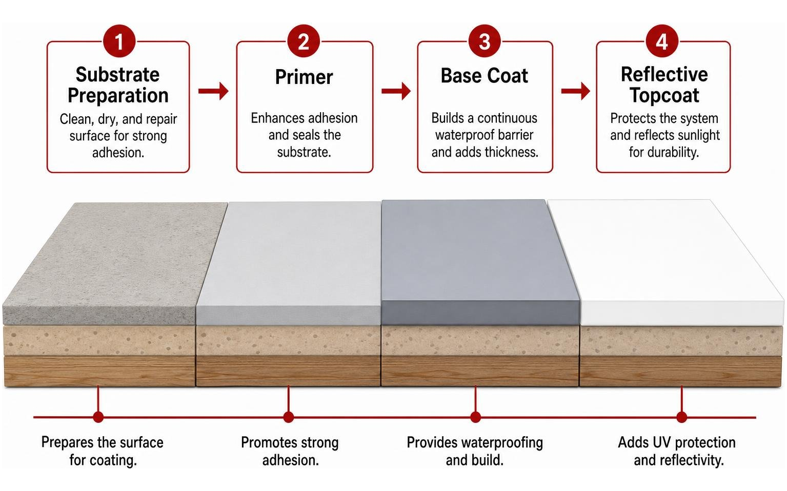 Process diagram showing substrate preparation, primer, base coat, and reflective topcoat layers Process diagram showing substrate preparation, primer, base coat, and reflective topcoat layers