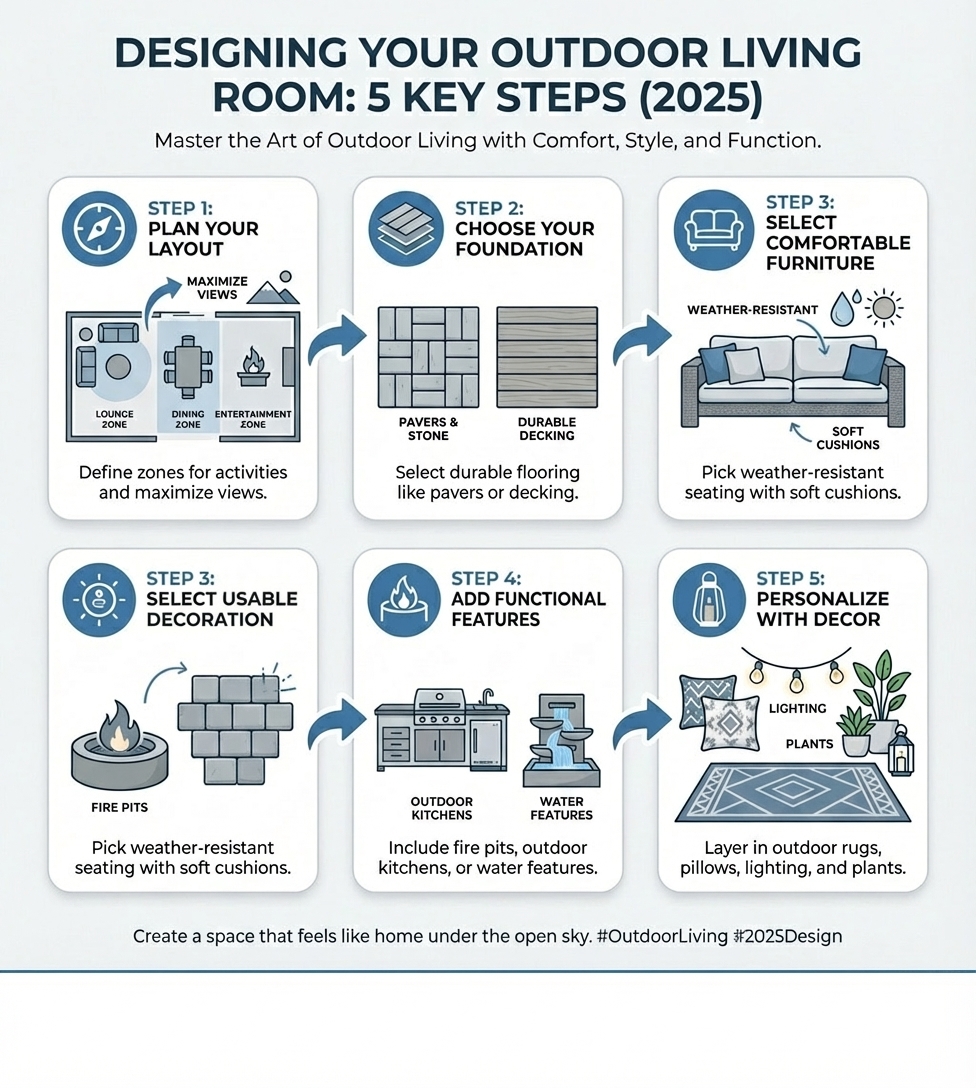 Infographic showing the 5 key steps to designing an outdoor living room: Step 1 - Plan Your Layout (define zones for activities and maximize views), Step 2 - Choose Your Foundation (select durable flooring like pavers or decking), Step 3 - Select Comfortable Furniture (pick weather-resistant seating with soft cushions), Step 4 - Add Functional Features (include fire pits, outdoor kitchens, or water features), Step 5 - Personalize with Decor (layer in outdoor rugs, pillows, lighting, and plants) - living room outdoor design infographic Infographic showing the 5 key steps to designing an outdoor living room: Step 1 - Plan Your Layout (define zones for activities and maximize views), Step 2 - Choose Your Foundation (select durable flooring like pavers or decking), Step 3 - Select Comfortable Furniture (pick weather-resistant seating with soft cushions), Step 4 - Add Functional Features (include fire pits, outdoor kitchens, or water features), Step 5 - Personalize with Decor (layer in outdoor rugs, pillows, lighting, and plants) - living room outdoor design infographic