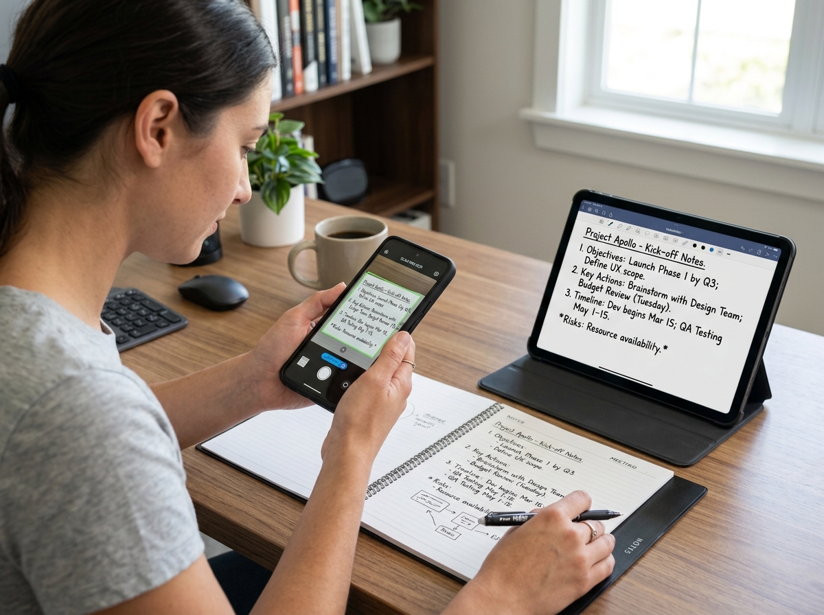 OCR technology converting handwriting to digital text on a tablet screen - eco conscious note digitizer