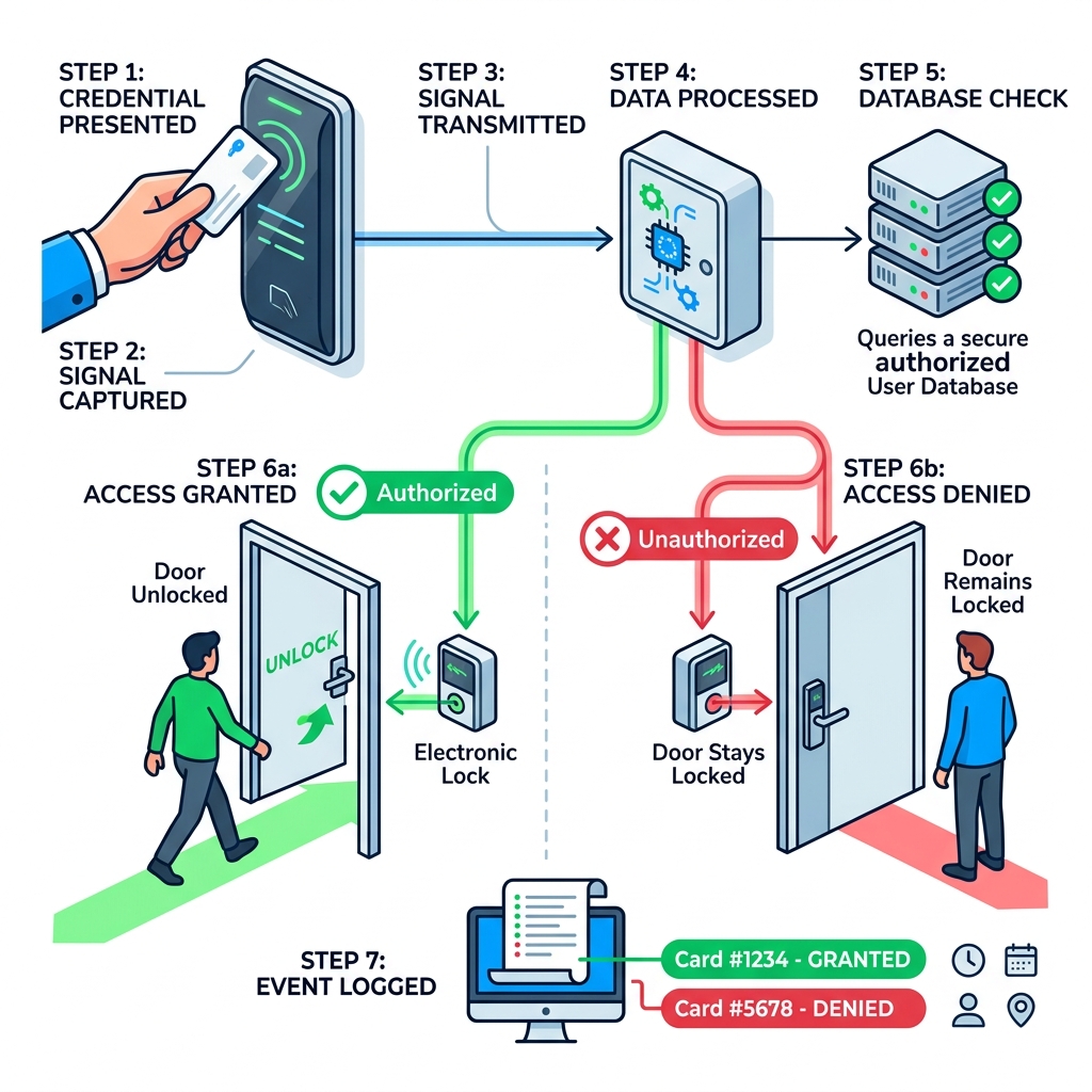 Signal flow from credential tap to electronic lock granting or denying access - key entry system infographic 