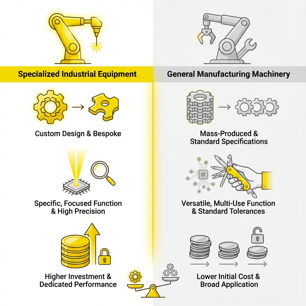 key differences between specialized industrial equipment and general manufacturing machinery - specialized industrial equipment infographic