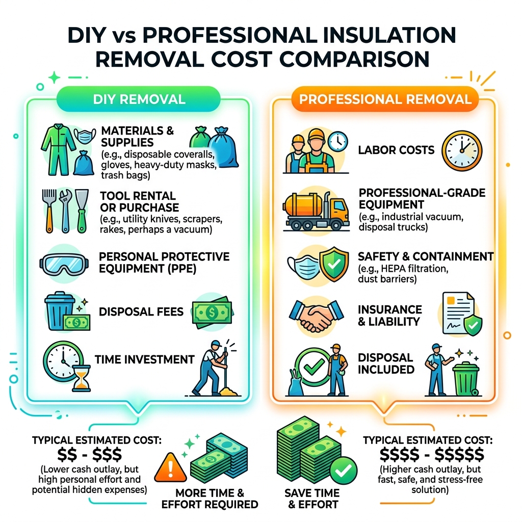 DIY vs Professional Insulation Removal Cost Comparison - attic insulation removal diy infographic DIY vs Professional Insulation Removal Cost Comparison - attic insulation removal diy infographic