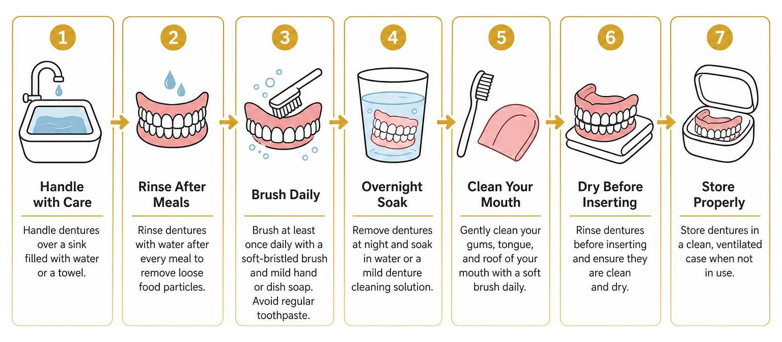 Step-by-step diagram of daily denture cleaning and maintenance routine